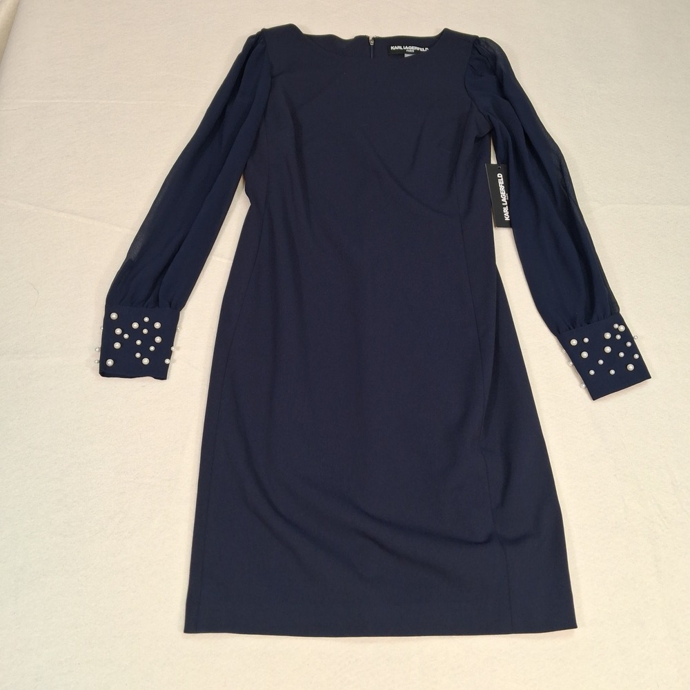 Karl Lagerfeld Sheath Dress Womens 2 Navy Pearl Cuff Long Sleeve LD9X1EK3